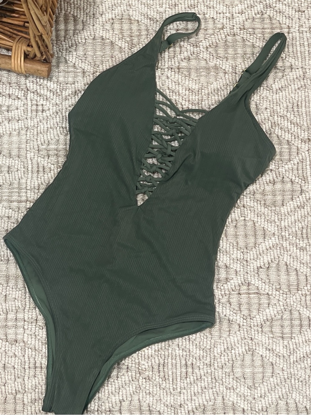 One-Piece Swimsuit in olive green with Lace-Up Front and Back detail
